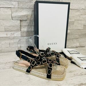 Gucci NEW SZ 36.5 Grosgrain Green Jewel Embellished Espadrille Flat Sandals
